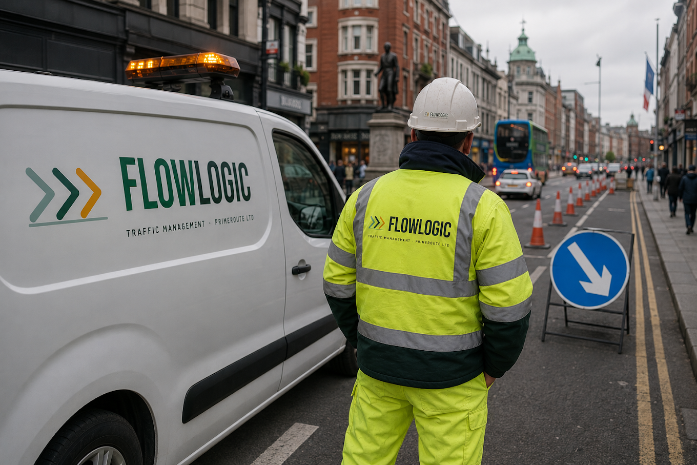 FlowLogic-branded van and worker in hi-vis on a Dublin city street